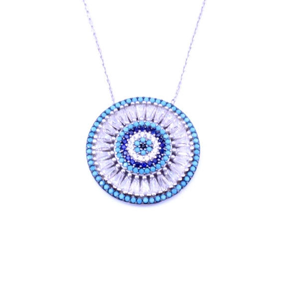 TURQUOISE EVIL EYE CIRCLE BAGUETTE CUT CZ NECKLACE - Picture 2 of 3